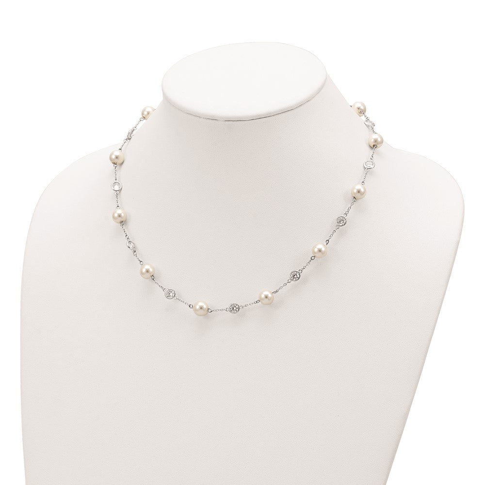 High-Quality 18.25-Inch Sterling Silver Necklace with CZ Bezel & Pearls - Value!
