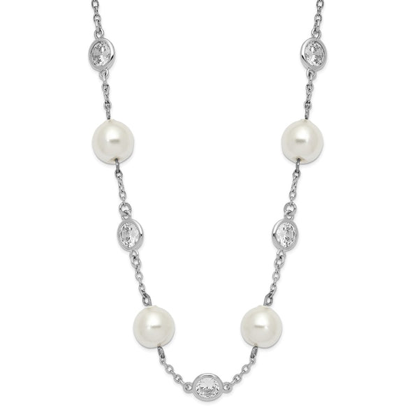 18.25-Inch Sterling Silver Necklace with CZ Bezel & Pearls