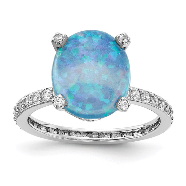 Cheryl M Sterling Silver Oval Ring with Lab-Created Blue Opal & CZ