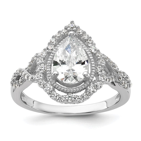 Rhodium-Plated Sterling Silver Teardrop CZ Ring