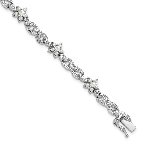 Cheryl M Sterling Silver Floral Infinity Bracelet - 7.25" CZ Pearls