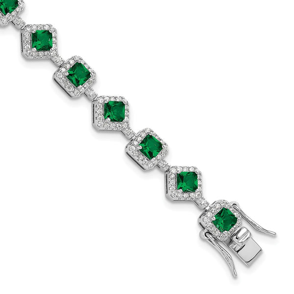 7.5" Sterling Silver Bracelet with Green Glass & CZ