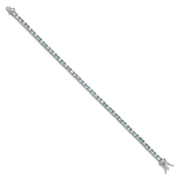 Rhodium-Plated Sterling Silver Tennis Bracelet with Aqua Glass & CZ