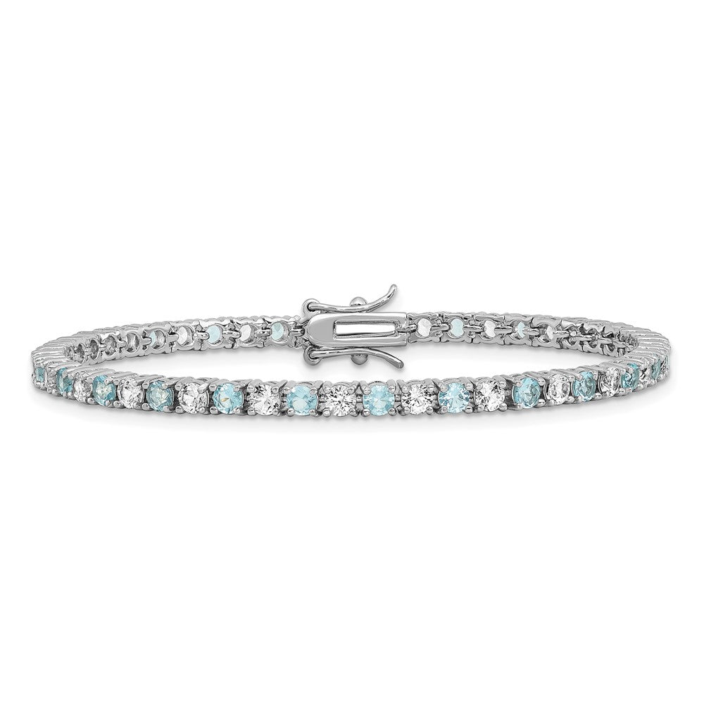 Exclusive Rhodium-Plated Sterling Silver Tennis Bracelet with Aqua Glass & CZ - Stylish Design