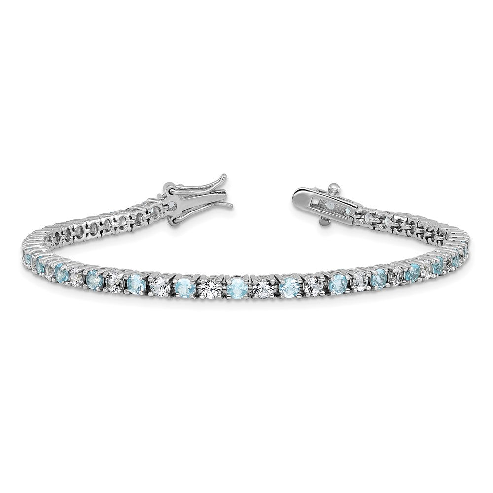 Exclusive Rhodium-Plated Sterling Silver Tennis Bracelet with Aqua Glass & CZ - Stylish Design