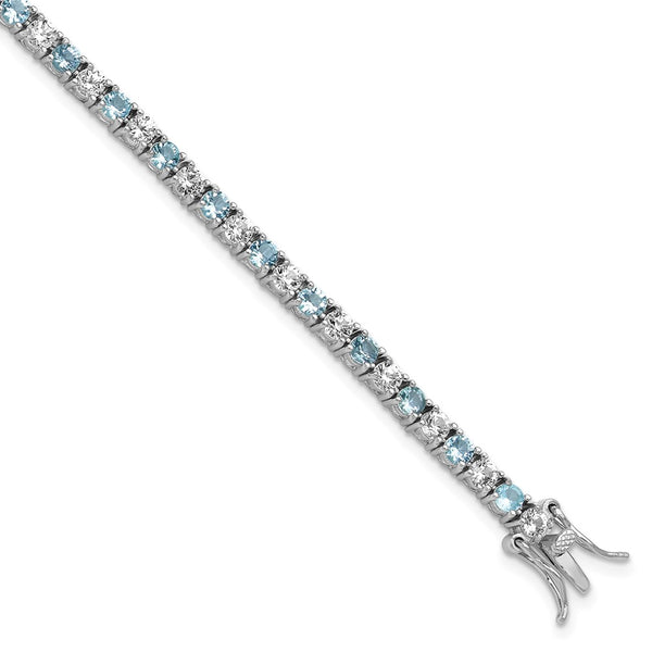 Rhodium-Plated Sterling Silver Tennis Bracelet with Aqua Glass & CZ