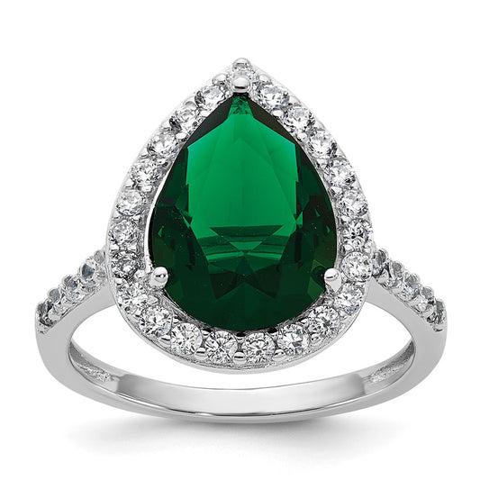 Buy Exclusive Rhodium-Plated Sterling Silver Teardrop Halo Ring - Stylish Green Glass & CZ Accents