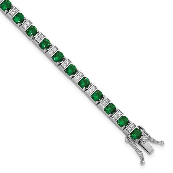 7.25 Inch Sterling Silver Rhodium-Plated Bracelet with Green Glass