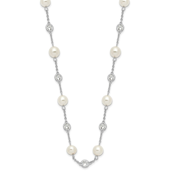 36-Inch Sterling Silver Rhodium-Plated Necklace with Glass Pearls & CZ
