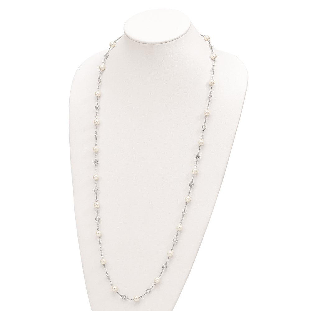 Exclusive 36-Inch Sterling Silver Rhodium-Plated Necklace with Glass Pearls & CZ