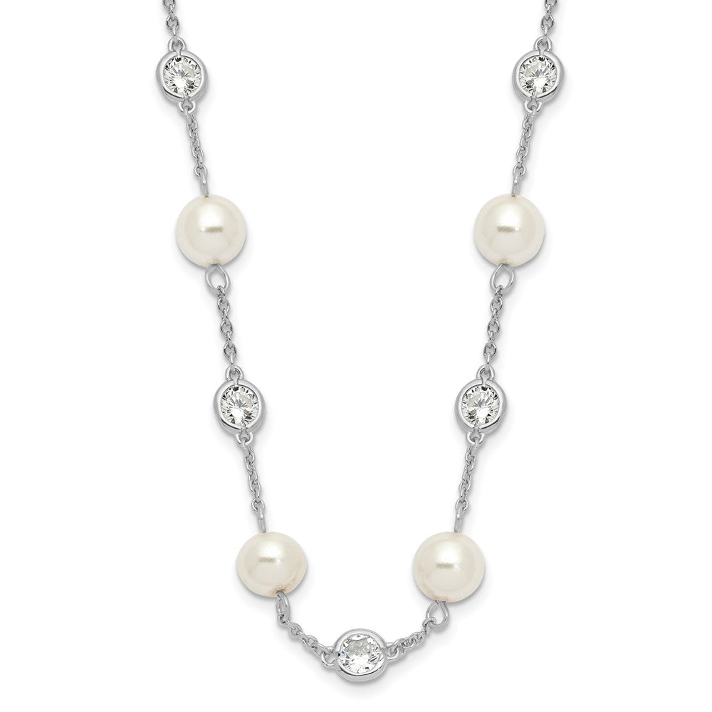 Exclusive 36-Inch Sterling Silver Rhodium-Plated Necklace with Glass Pearls & CZ