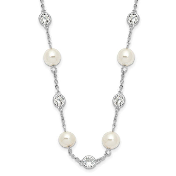 36-Inch Sterling Silver Rhodium-Plated Necklace with Glass Pearls & CZ