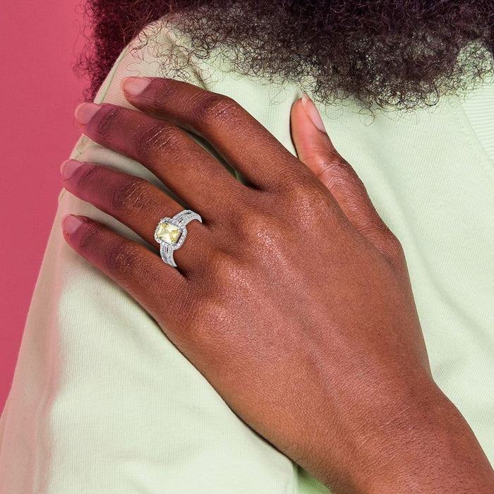 Shop Stylish Cheryl M Sterling Silver Rhodium-Plated Fancy Yellow CZ Halo Ring-6
