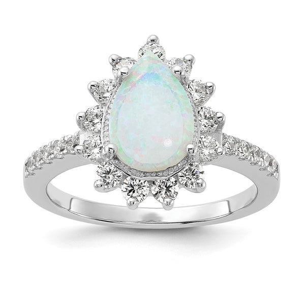 Teardrop Halo Ring in Sterling Silver - Lab Opal CZ
