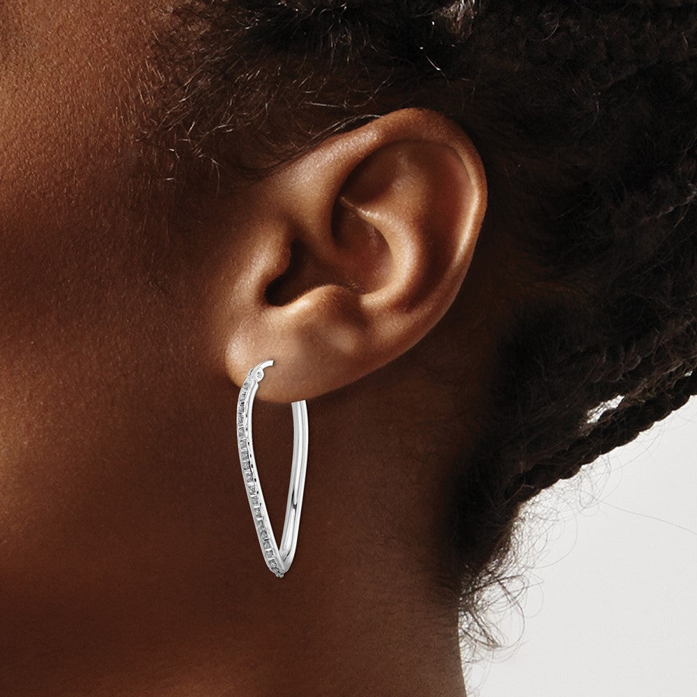 Designer Diamond Fascination Oval Twist Hoop Earrings in Sterling Silver - Stylish Luxury