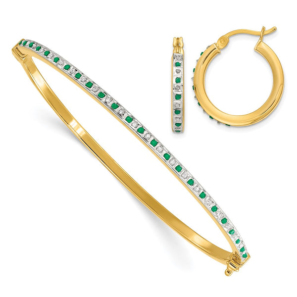 Diamond & Emerald Hoop Earrings & Bangle Set - 18K Gold Plated
