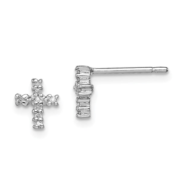 Rhodium-Plated Sterling Silver Diamond Cross Stud Earrings