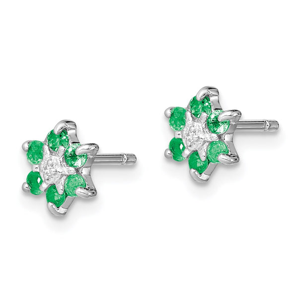 Rhodium-Plated Sterling Silver Emerald & Diamond Stud Earrings - Style GR1-1008013