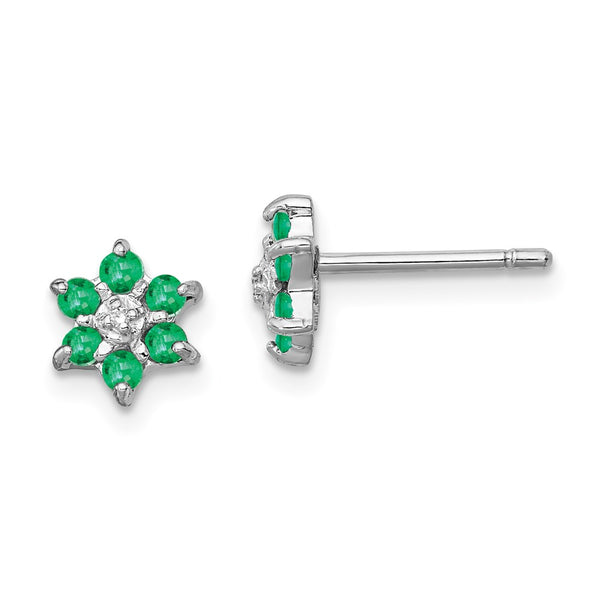 Rhodium-Plated Sterling Silver Emerald & Diamond Stud Earrings - Style GR1-1008013