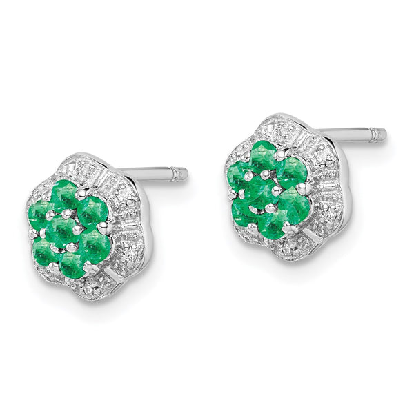 Rhodium-Plated Sterling Silver Emerald & Diamond Stud Earrings - Style GR1-1017918