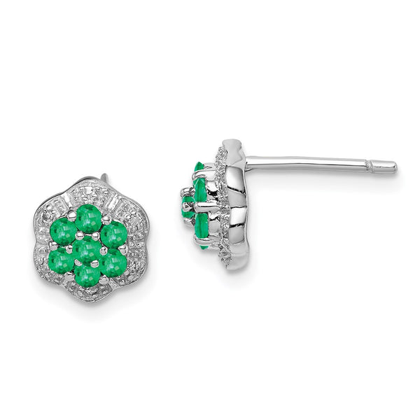 Rhodium-Plated Sterling Silver Emerald & Diamond Stud Earrings - Style GR1-1017918