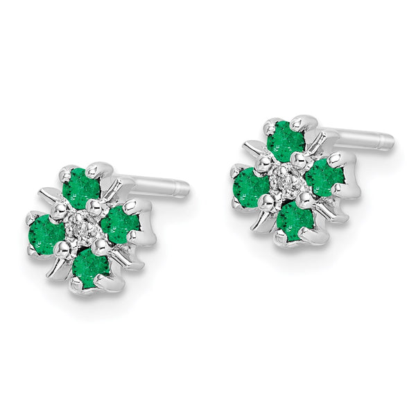 Rhodium-Plated Sterling Silver Emerald & Diamond Stud Earrings - Style GR1-1017508