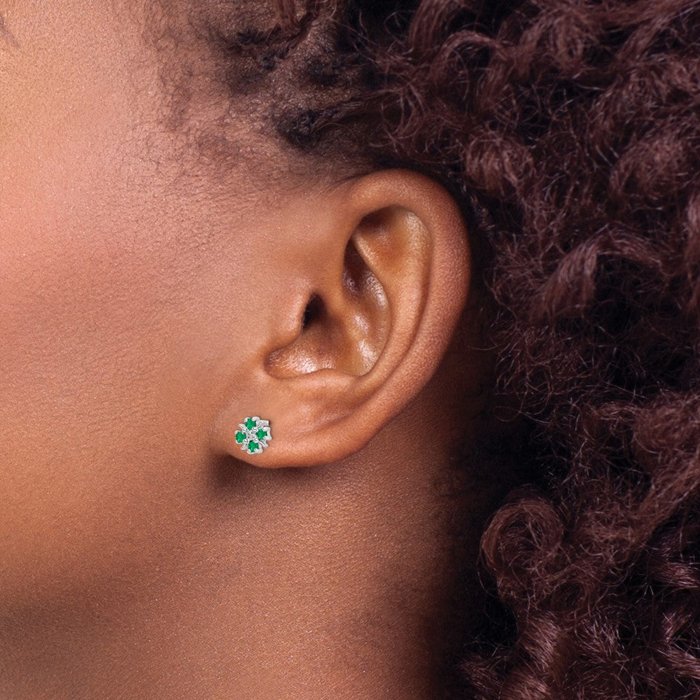 Exclusive Rhodium-Plated Sterling Silver Emerald & Diamond Stud Earrings - Stylish Value!