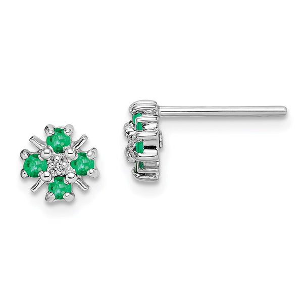 Rhodium-Plated Sterling Silver Emerald & Diamond Stud Earrings - Style GR1-1017508