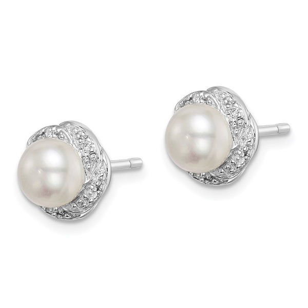 Rhodium-Plated Silver Pearl & Diamond Stud Earrings