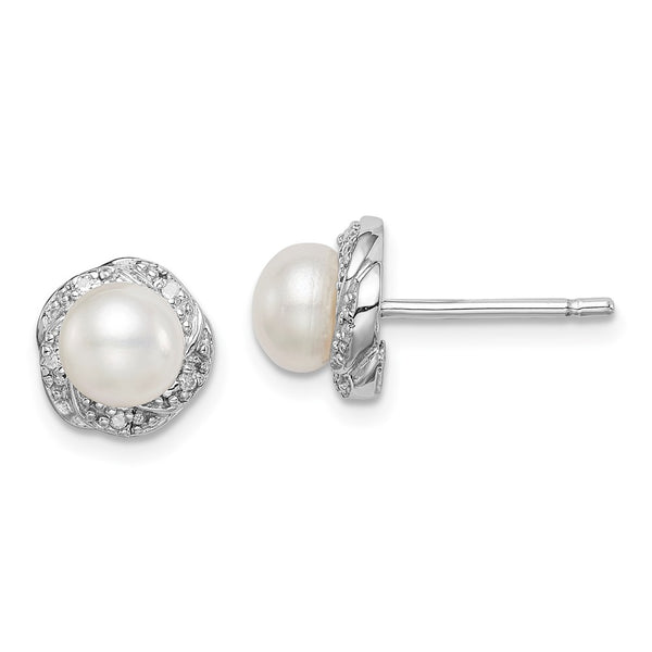 Rhodium-Plated Silver Pearl & Diamond Stud Earrings