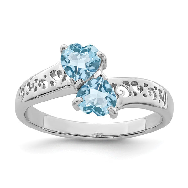 Rhodium-Plated Silver Heart Ring with Swiss Blue Topaz