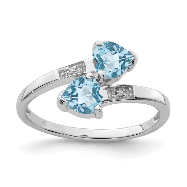 Rhodium-Plated Sterling Silver Heart Ring with Swiss Blue Topaz & Diamonds