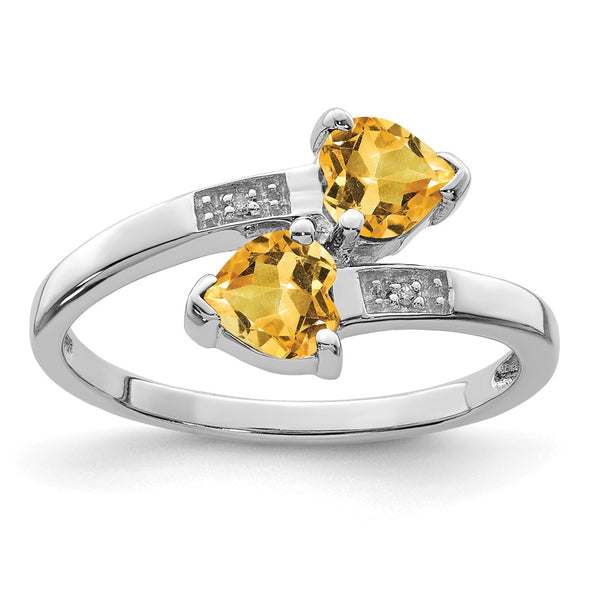 Rhodium-Plated Sterling Silver Heart Ring with Citrine & Diamonds