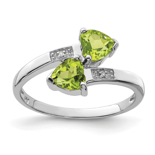Rhodium-Plated Sterling Silver Heart Ring with Peridot & Diamonds