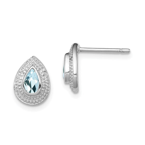 Rhodium-Plated Sterling Silver Aqua & Diamond Stud Earrings