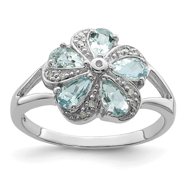 Rhodium-Plated Sterling Silver Aquamarine & Diamond Ring