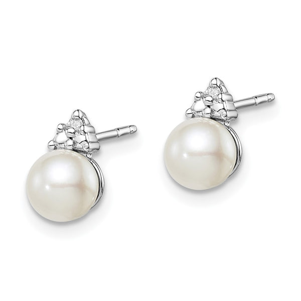 Rhodium-Plated Sterling Silver Pearl & Diamond Stud Earrings