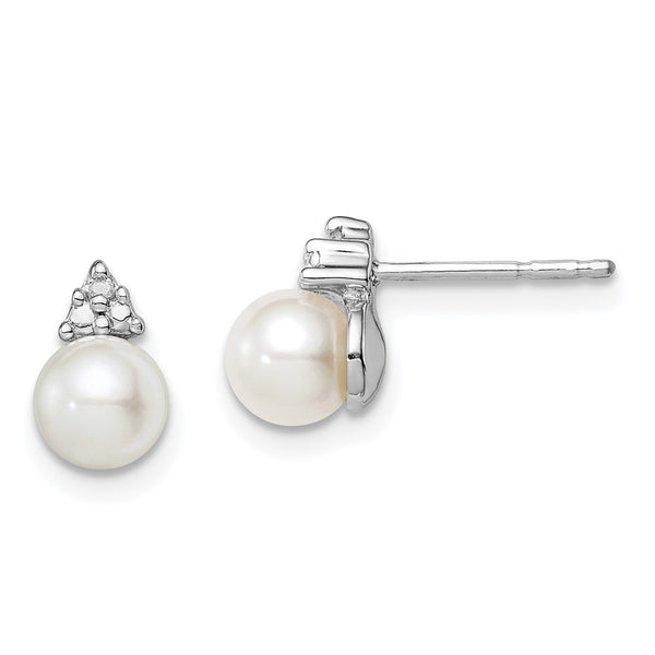 Rhodium-Plated Sterling Silver Pearl & Diamond Stud Earrings