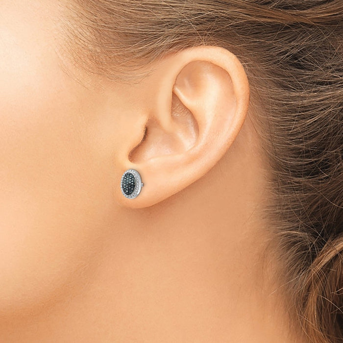 Exclusive Rhodium-Plated Sterling Silver Oval Earrings with Blue Diamonds - Affordable Luxury-3