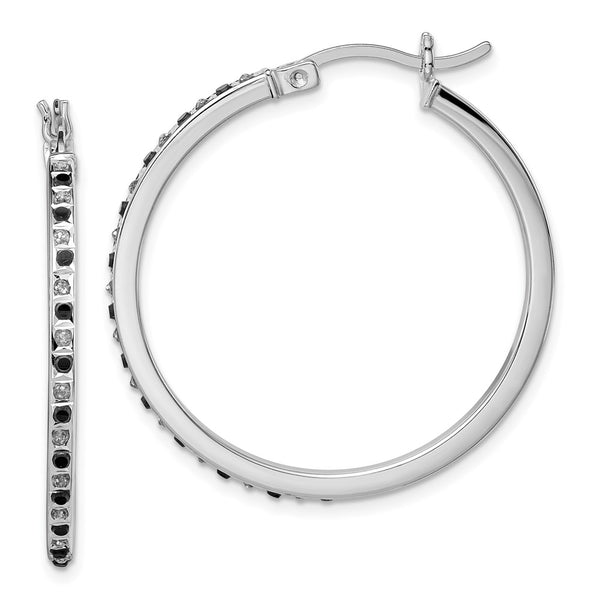 Black & White Diamond Hoop Earrings in Sterling Silver, 1.5"