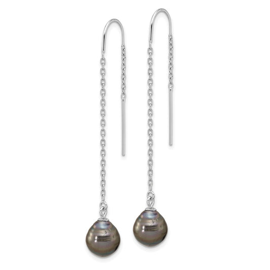 Buy Stylish Rhodium-Plated Silver Threader Earrings with 9-10mm Tahitian Pearls