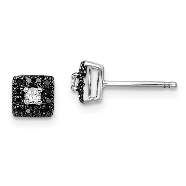 Rhodium-Plated Sterling Silver Square Stud Earrings with Diamonds