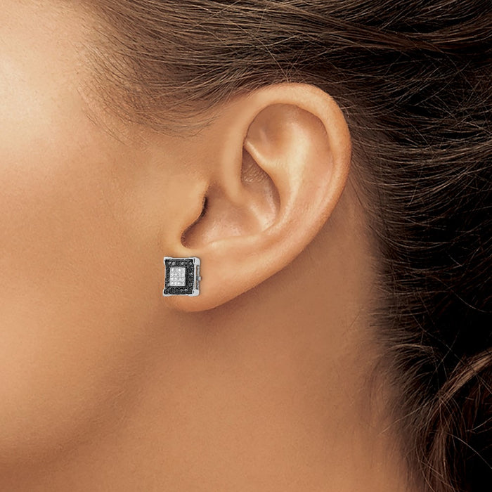 Shop Exclusive Rhodium-Plated Sterling Silver Square Earrings | Stylish Black & White Diamonds-3