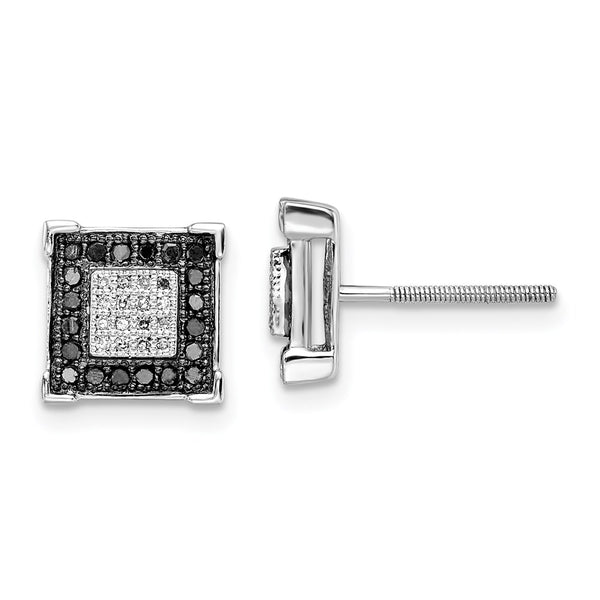 Rhodium-Plated Sterling Silver Square Earrings - Black White Diamonds