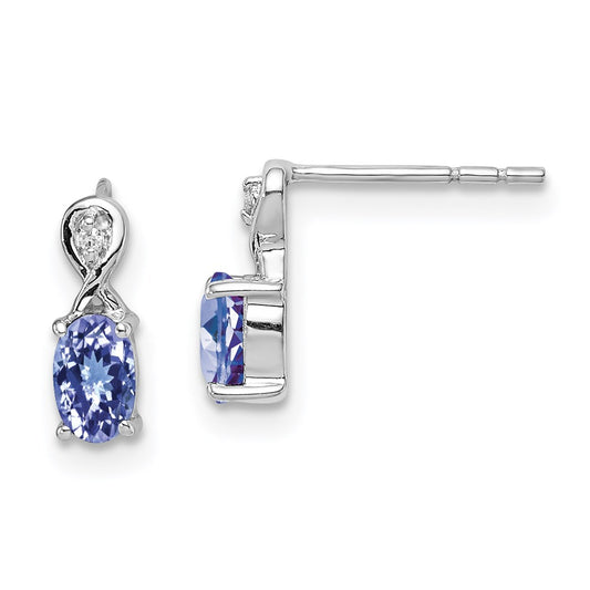 High-Quality Rhodium-Plated Sterling Silver Oval Earrings with Diamonds & Tanzanite - Affordable Luxury!