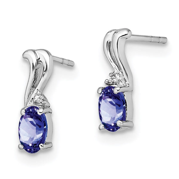 Rhodium-Plated Sterling Silver Oval Earrings with Diamond & Tanzanite