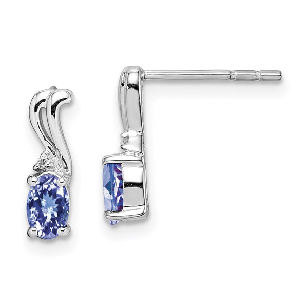 Rhodium-Plated Sterling Silver Oval Earrings with Diamond & Tanzanite