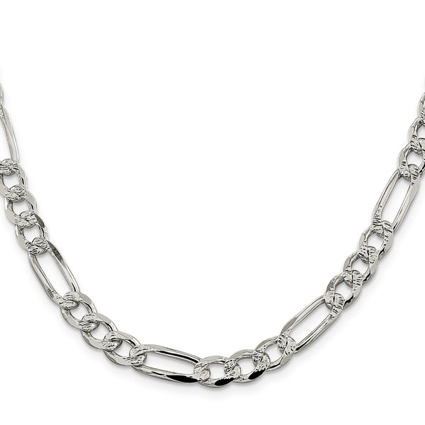 Sterling Silver 7.25mm Pavé Flat Figaro Chain Necklace - Style GR1-1033106