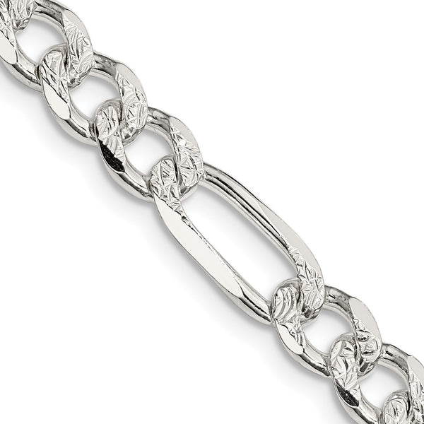 Sterling Silver 7.25mm Pavé Flat Figaro Chain Necklace - Style GR1-1033106