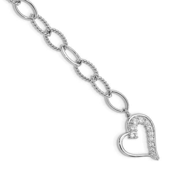 Rhodium-Plated Sterling Silver Journey Heart CZ Dangle Bracelet